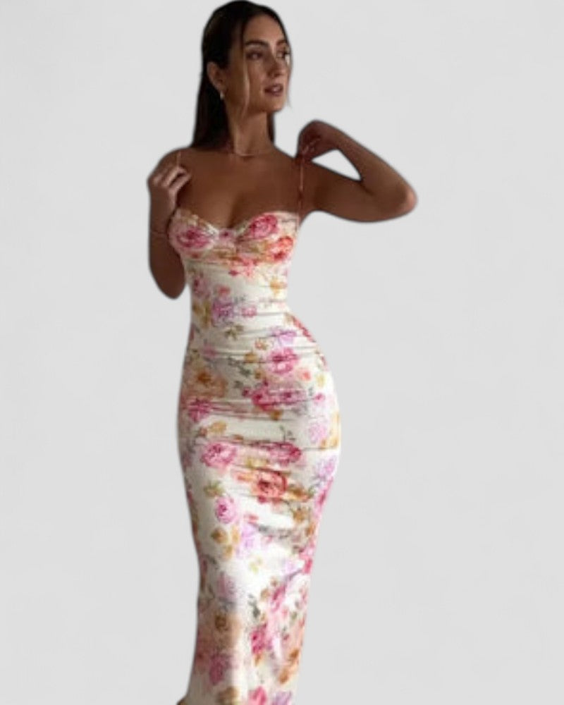 Floral Satin Bodycon Maxi Dress for Summer Events