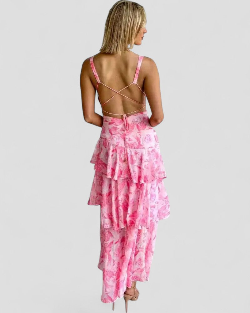 Floral Ruffle Maxi Dress with Open Back Summer Elegance