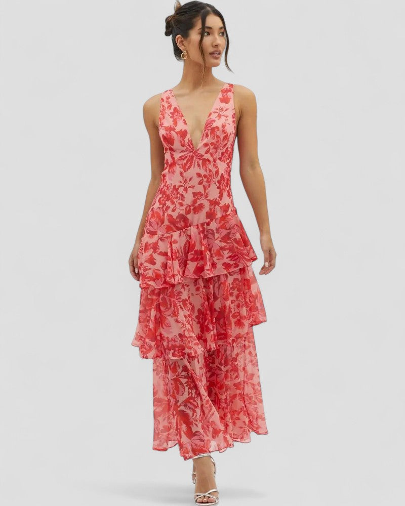 Floral Ruffle Maxi Dress with Open Back Summer Elegance