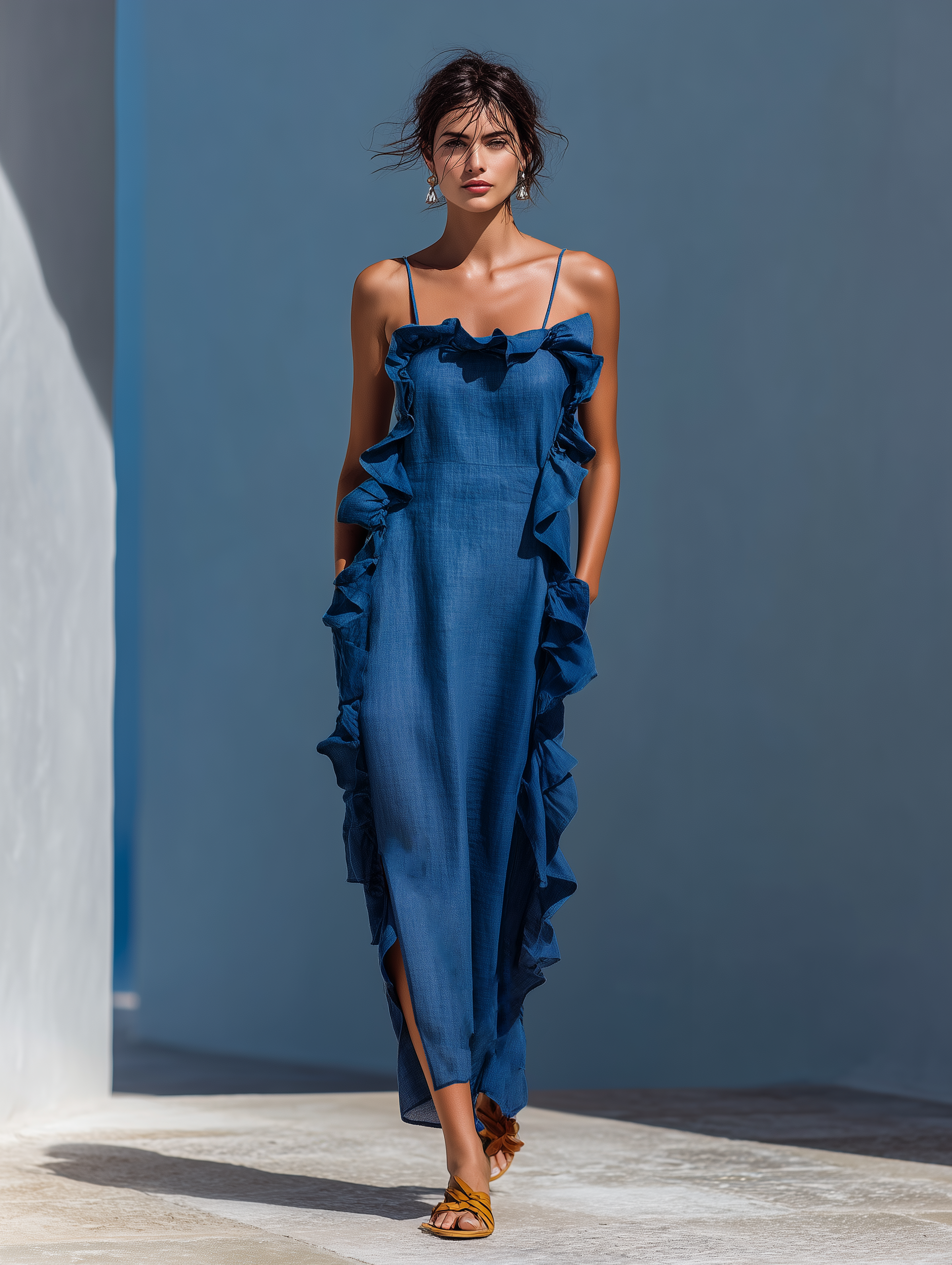 Women's Blue Linen Slit Maxi Dress – ModClo
