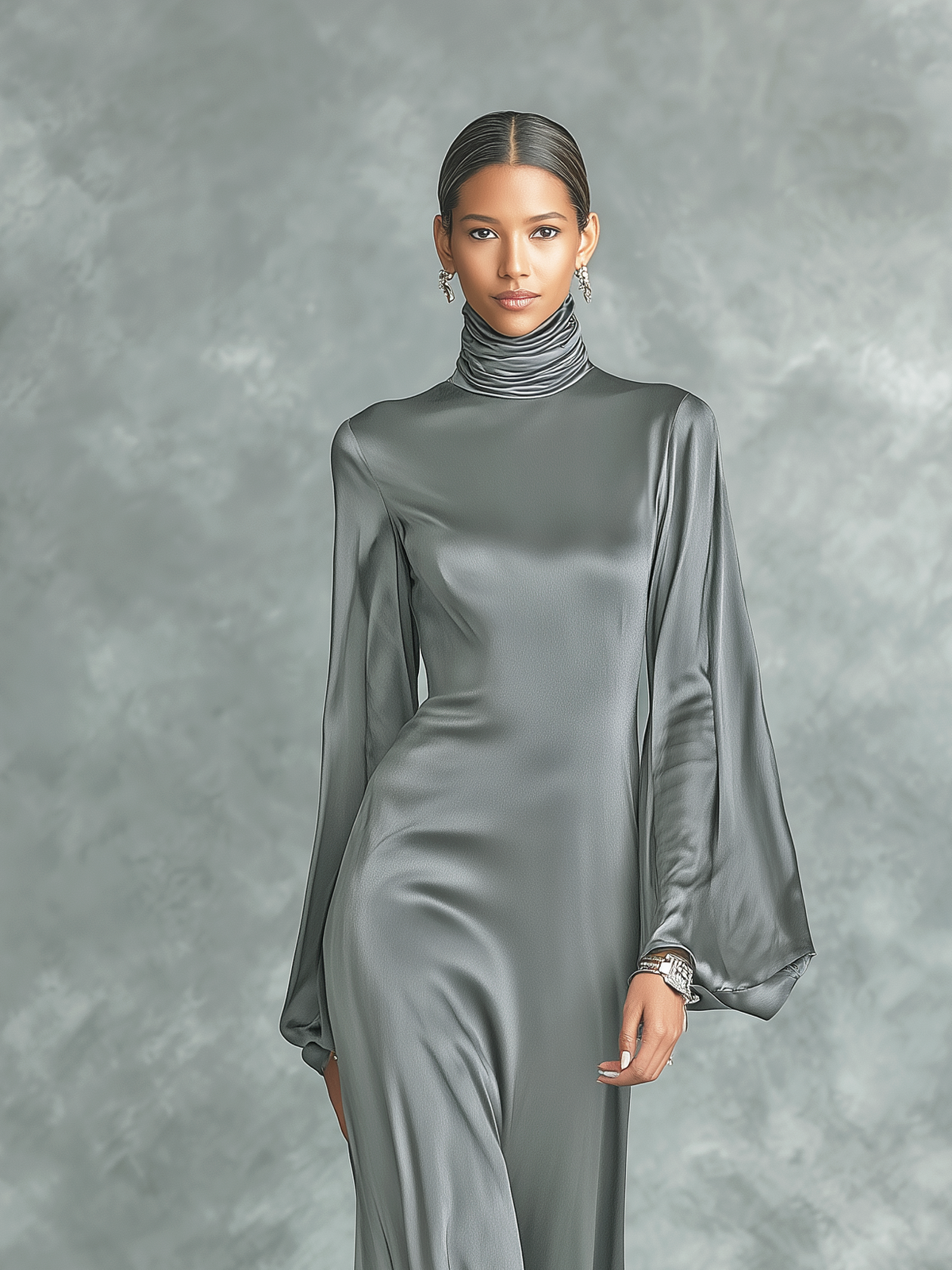 Women's Grey Satin High Neck Maxi Dress – ModClo