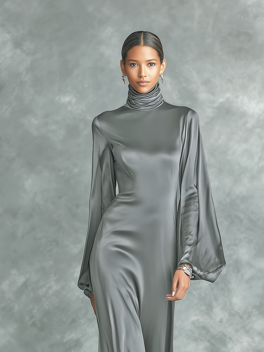 Women's Grey Satin High Neck Maxi Dress – ModClo