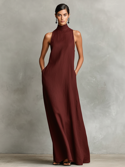 Women's Black Linen High Neck Maxi Dress – ModClo