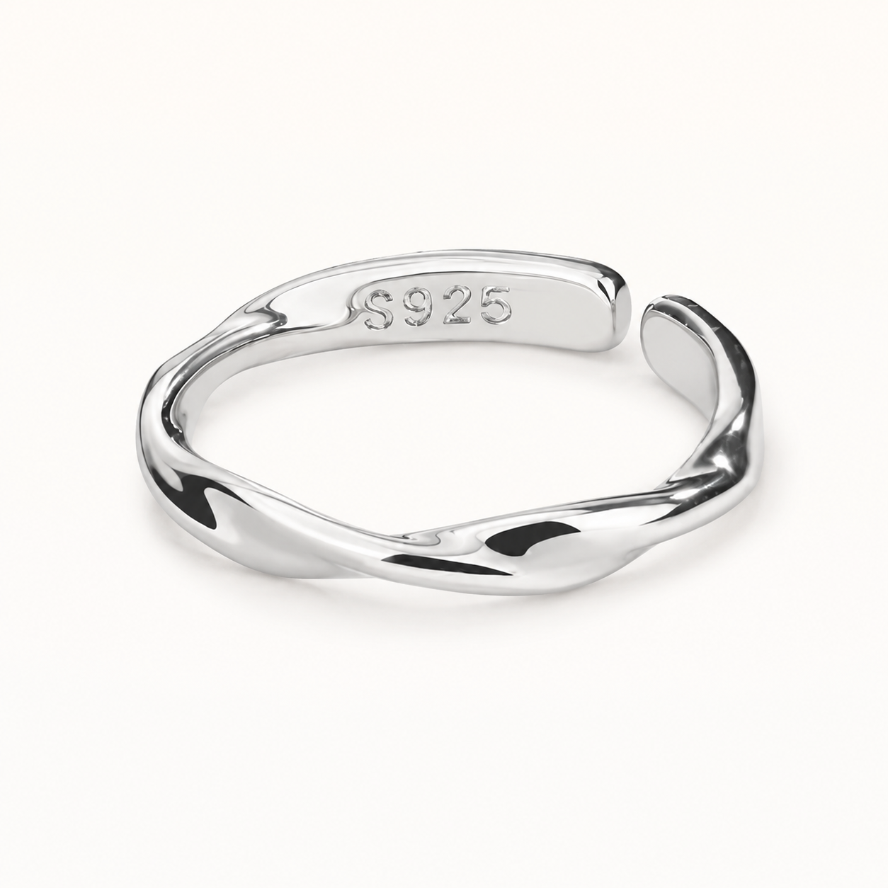 Sterling silver twisted adjustable ring with S925 hallmark, open band on a white background – ModClo