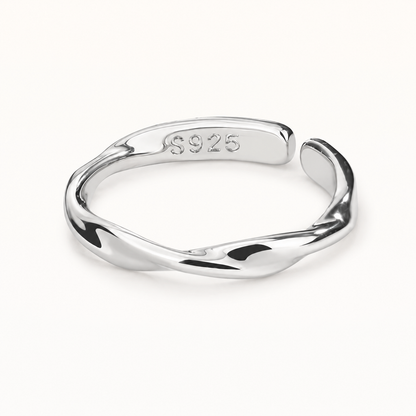 Sterling silver twisted adjustable ring with S925 hallmark, open band on a white background – ModClo