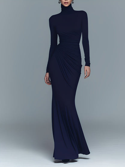 Women's Navy Cotton Turtleneck Maxi Dress – ModClo