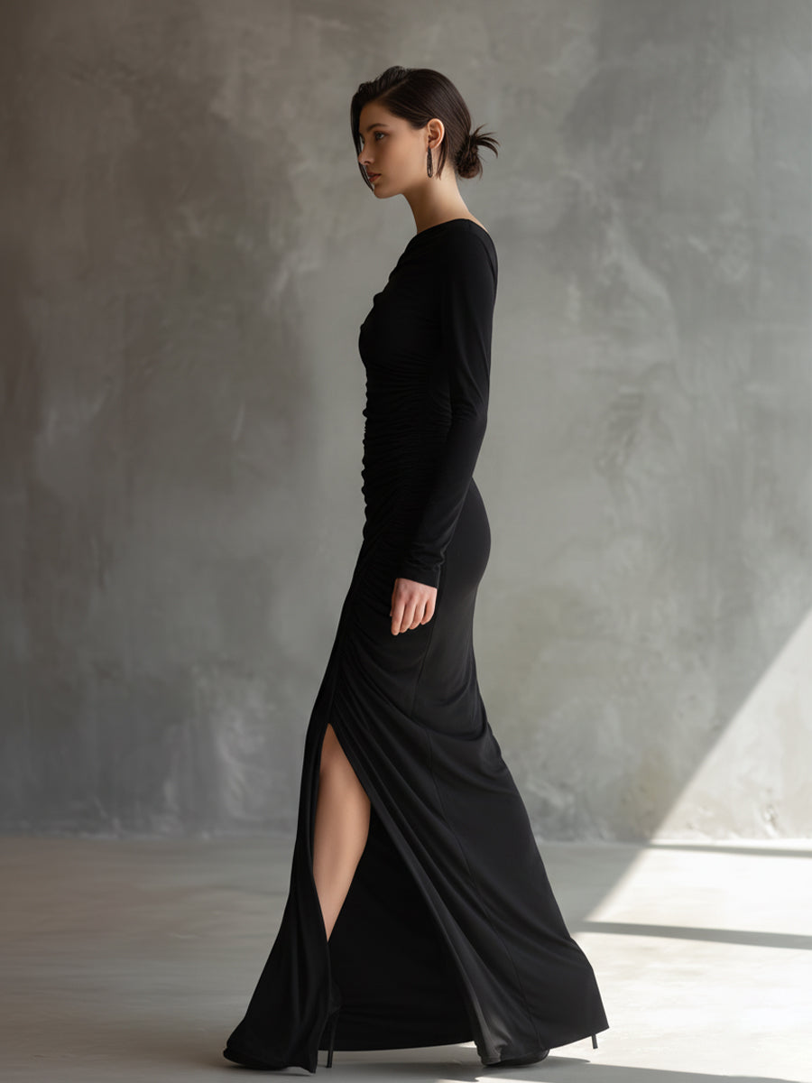 Women's Black Jersey Ruched Slit Maxi Dress – ModClo