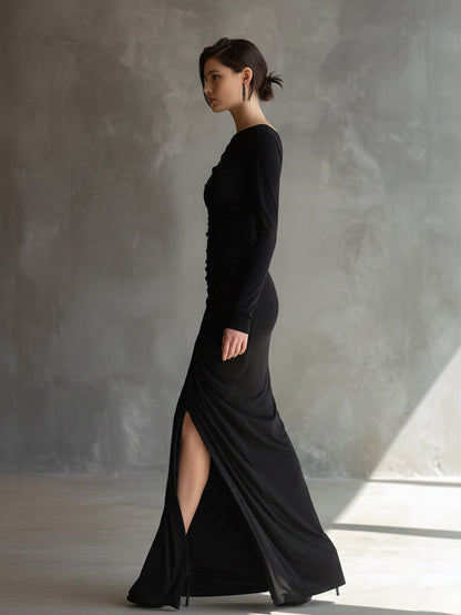 Women's Black Jersey Ruched Slit Maxi Dress – ModClo