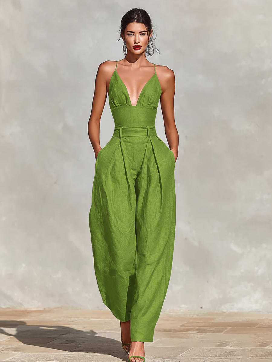 Women's Red Linen Pleated Jumpsuit – ModClo