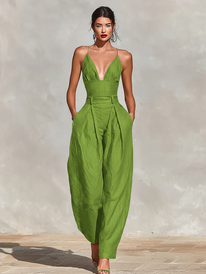Women's Red Linen Pleated Jumpsuit – ModClo