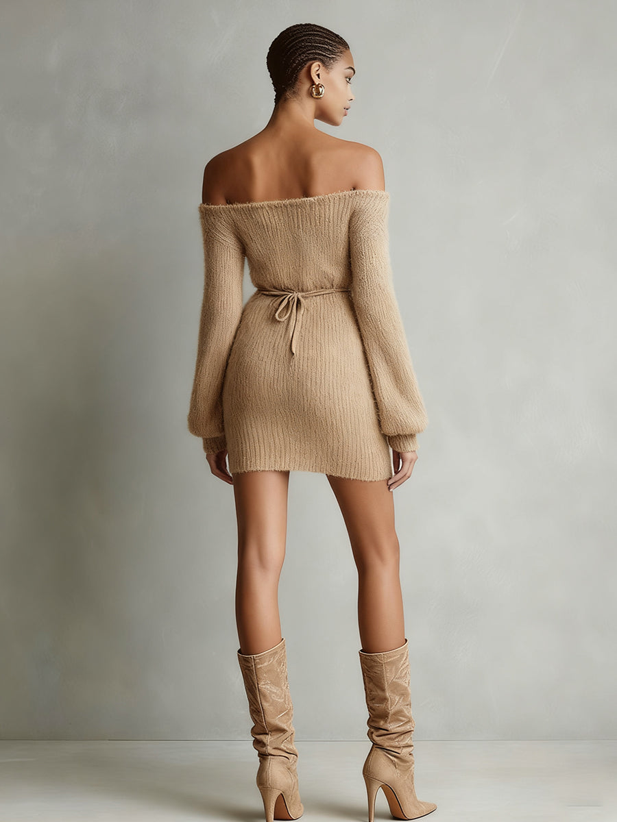 Women's Camel Knit Belted Mini Dress – ModClo