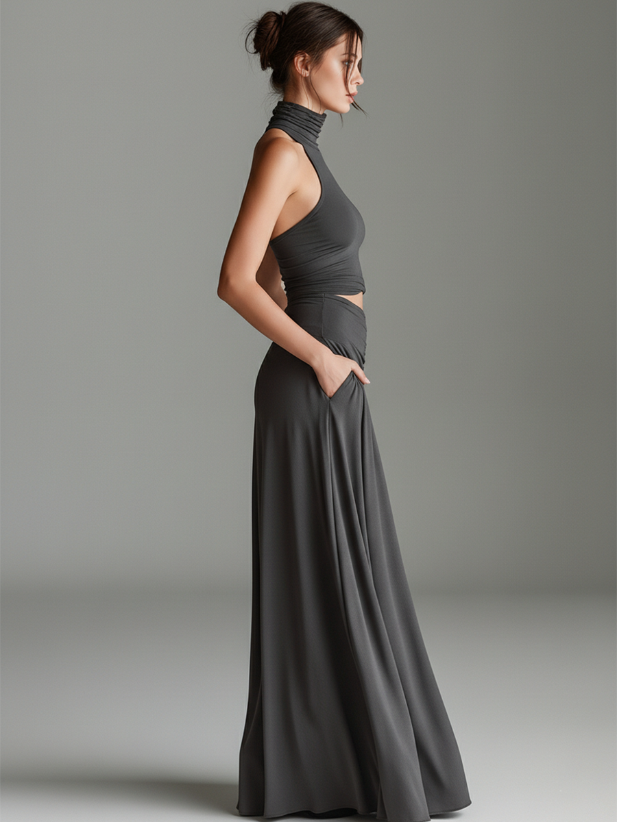 Women's Grey Knit Turtleneck Halter Dress – ModClo