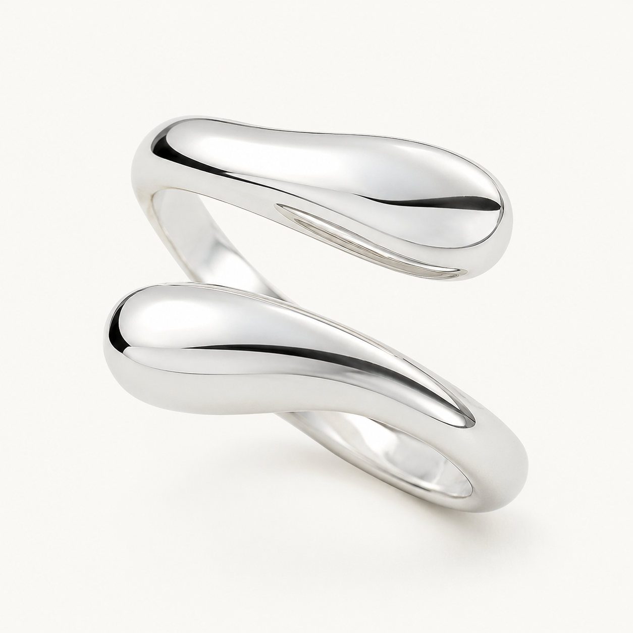 Sterling silver water drop adjustable ring with two polished teardrop ends on a white background – ModClo