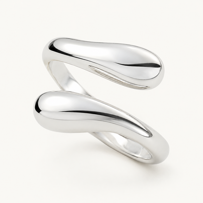 Sterling silver water drop adjustable ring with two polished teardrop ends on a white background – ModClo