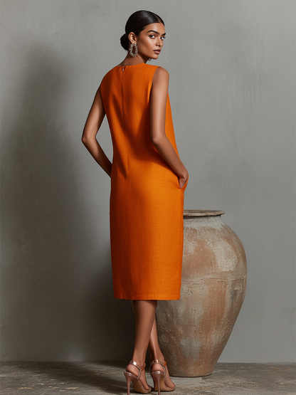 Women's Orange Linen Round Neck Sleeveless Dress – ModClo
