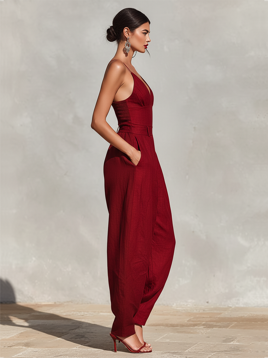 Women's Red Linen Pleated Jumpsuit – ModClo