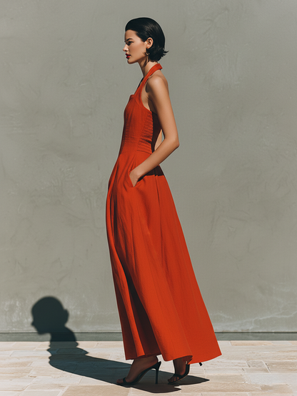 Women's Red Linen Halter Pleated Maxi Dress – ModClo