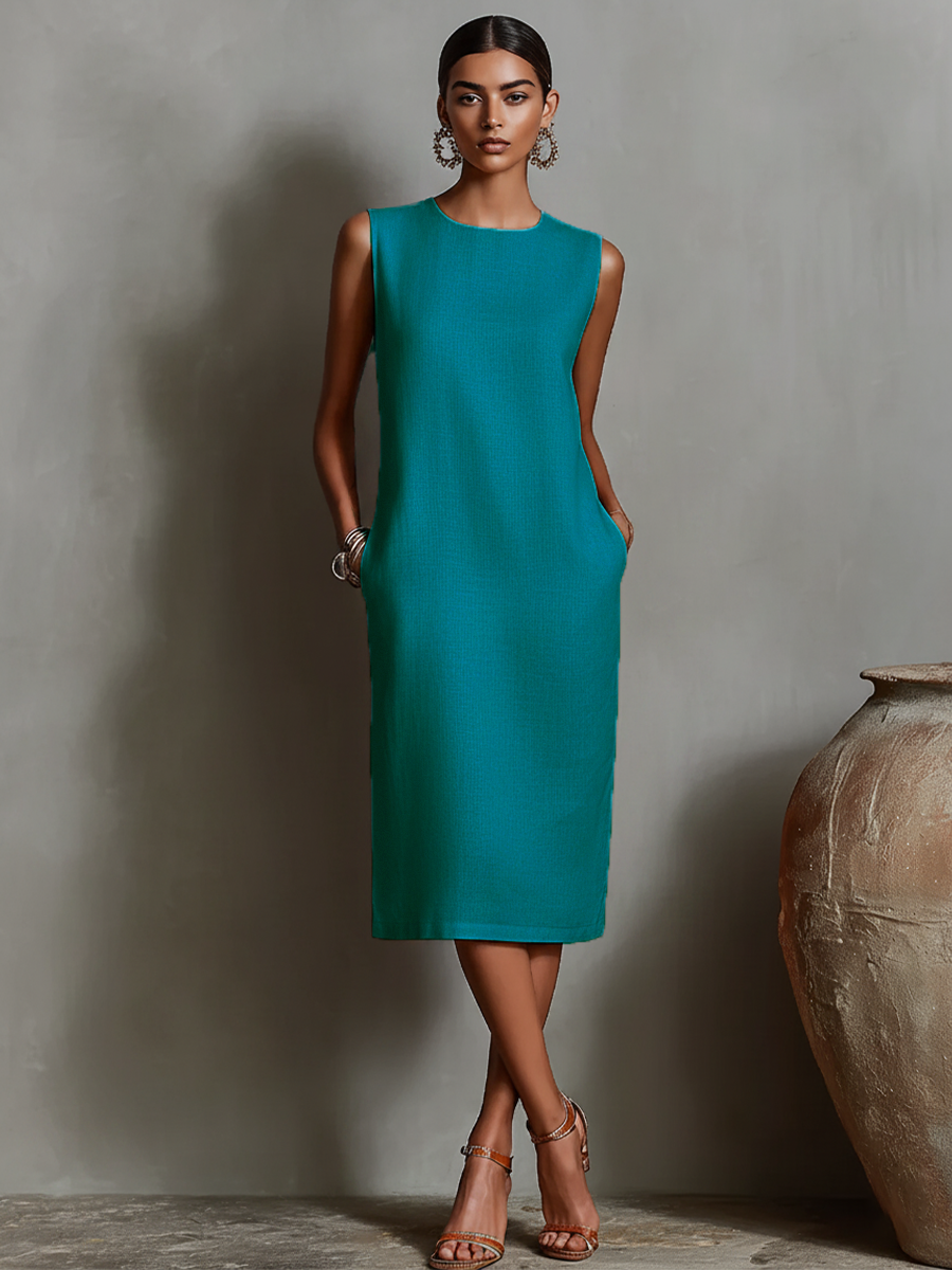 Women's Orange Linen Round Neck Sleeveless Dress – ModClo